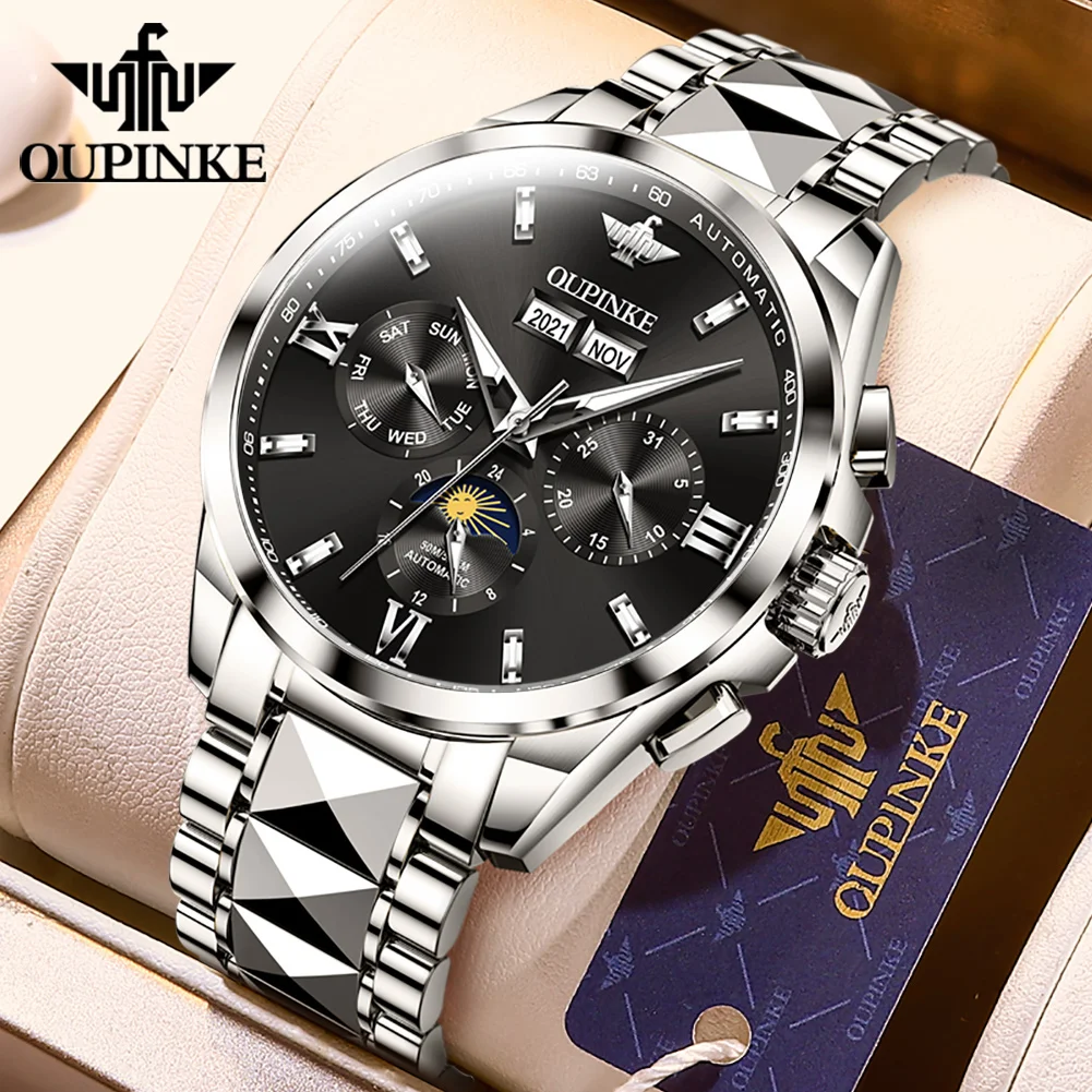 OUPINKE Moon Phase Fully Automatic Mechanical Watch for Men Tungsten Steel Strap Waterproof Luminous Calendar Men's Wristwatch