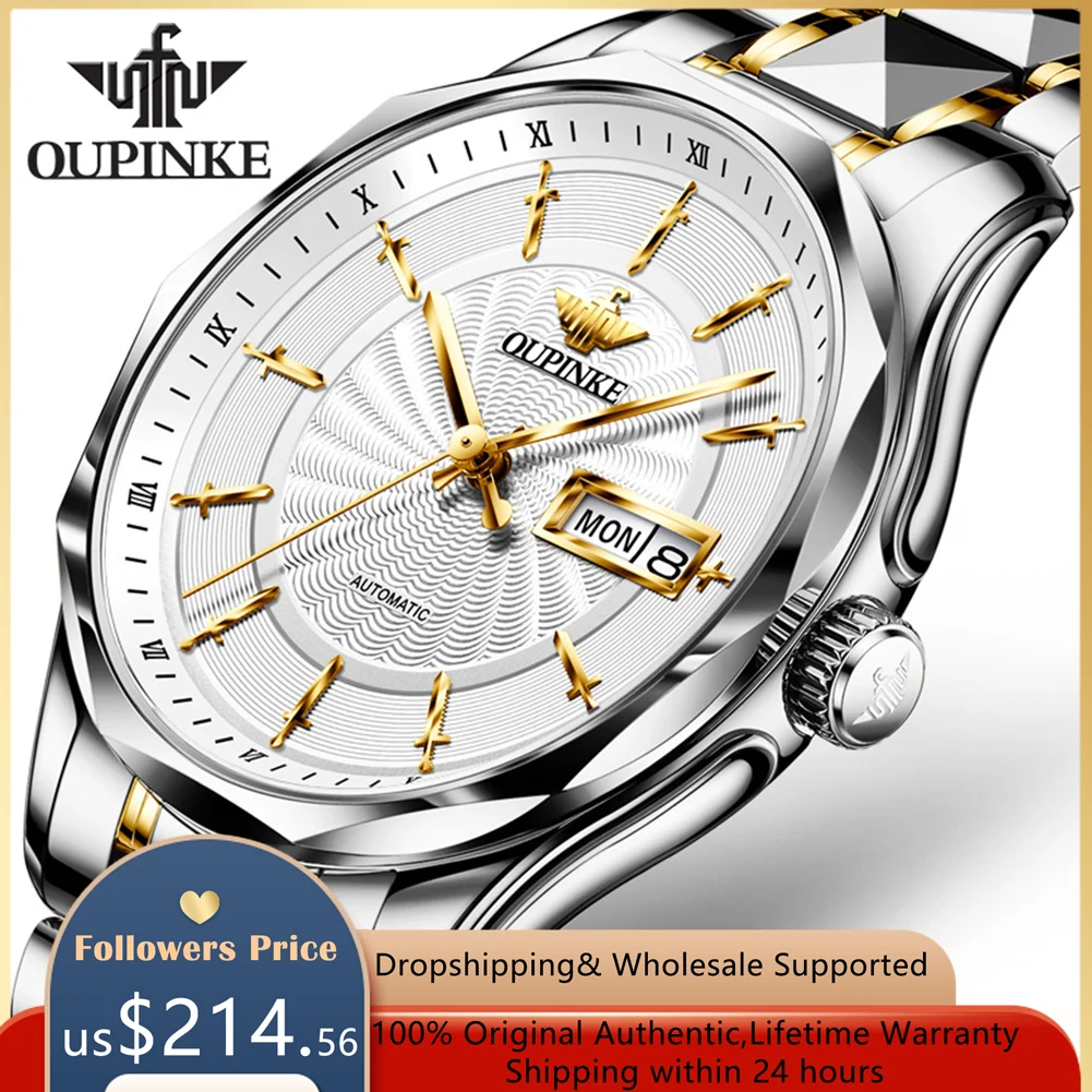 OUPINKE Original Automatic Watch for Men Sapphire Mirror Date Week Clock Man Watch Luxury Top Brand Men's Mechanical Wristwatch